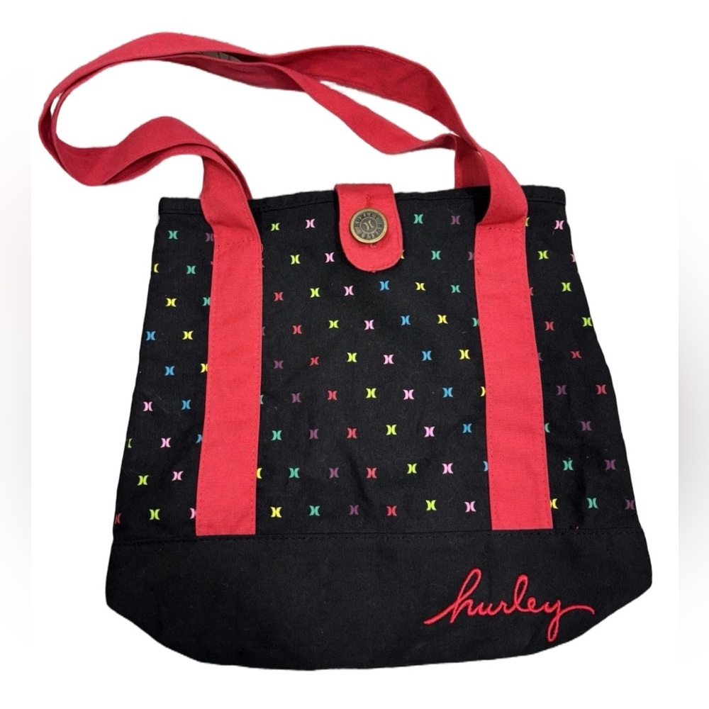 Y2K Hurley Tote Bag Black w/ Red Straps Multicolor Logo Surf Skate Emo